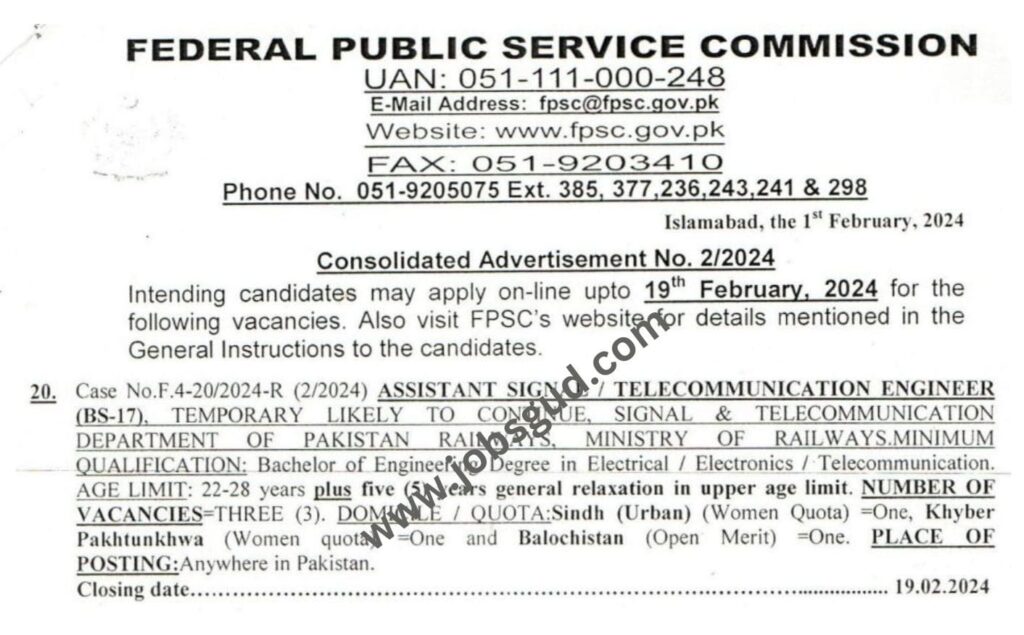 FPSC jobs for Assistant Signal Telecommunication Engineer, BS-17 Jobs 2024 FPSC jobs for Assistant Signal Telecommunication Engineer, BS-17 Jobs 2024